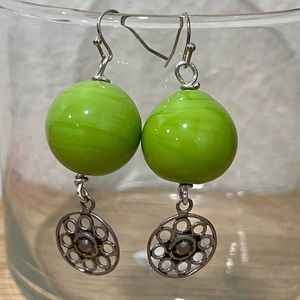Apple Green Italian Hand Blown Murano Glass & Sterling Siver Dangle Earrings